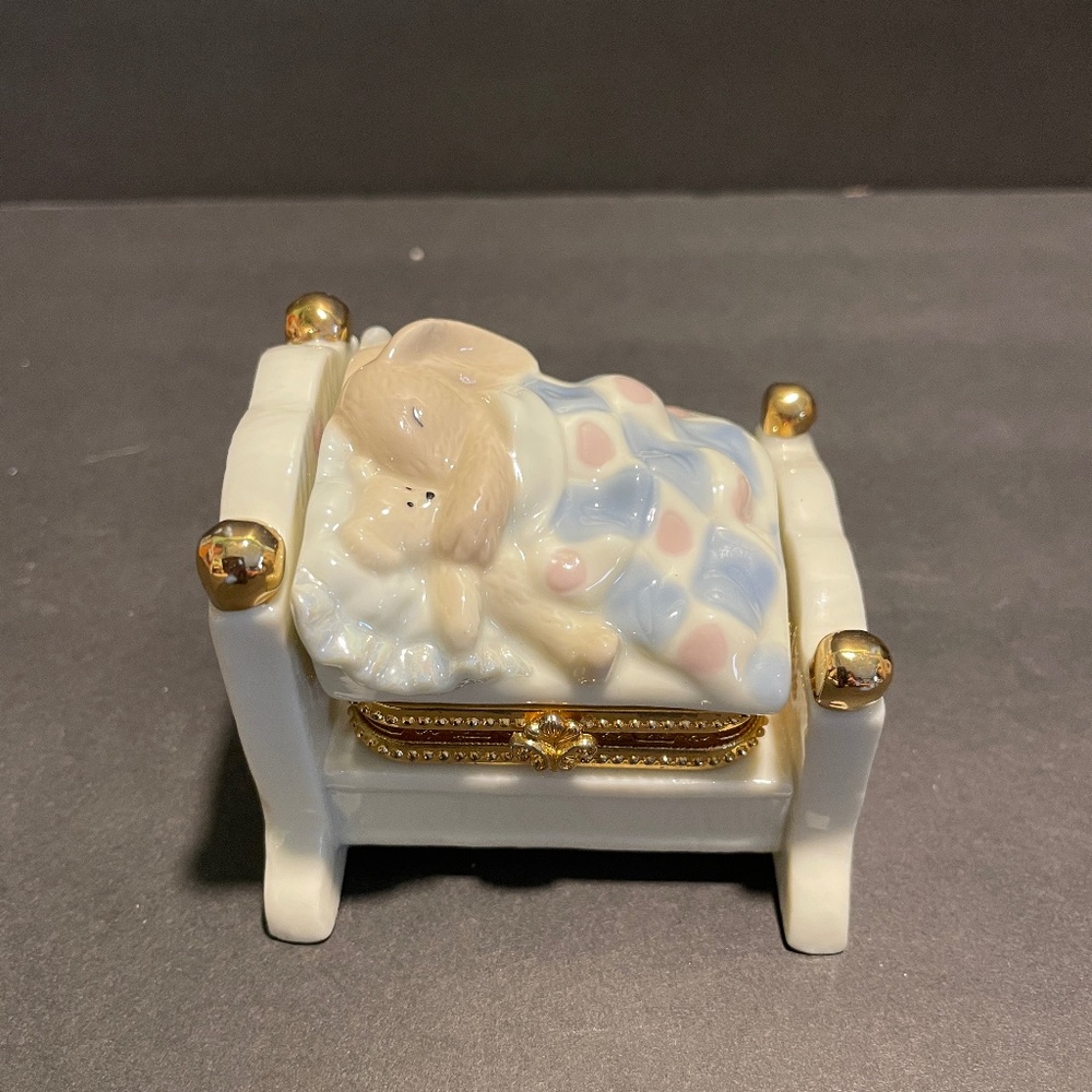 Porcelain Trinket Box Bedtime Bunny W/Teddy bear Formalities by Baum Bros